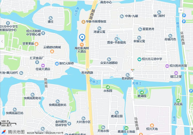 海虹舫越西路店周边地图:酒店位于越西路,靠近胜利西路;蓝色定位标记为酒店位置。